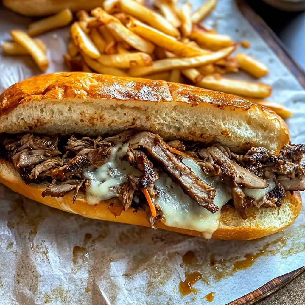 Traditional Philly cheesesteak sandwich packed with flavorful beef and melted cheese perfection.