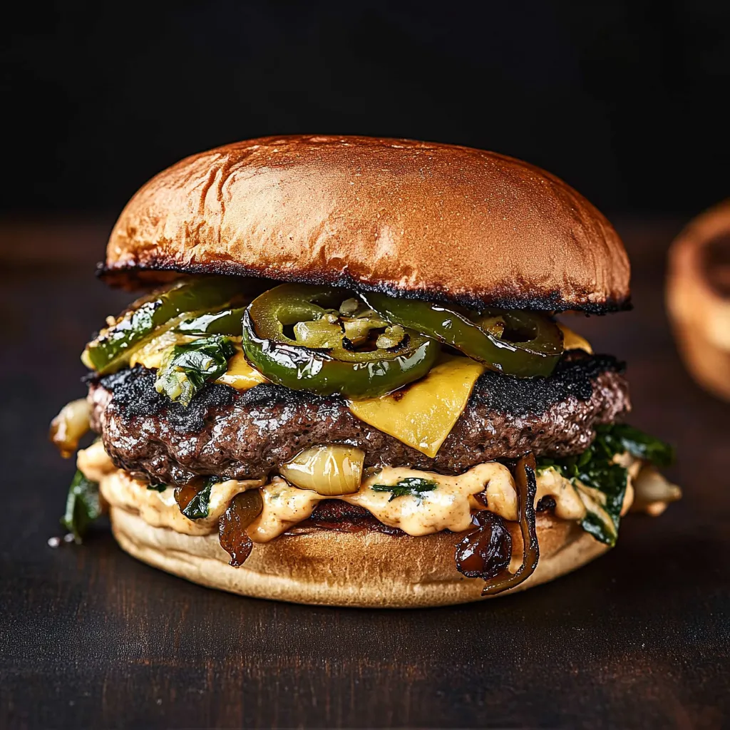 Delicious smash burger recipe featuring onions, jalapeños, and a juicy, seared patty.