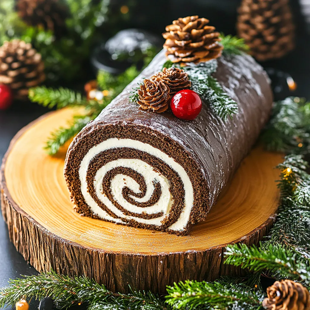 Festive Yule log cake with a rich chocolate flavor and a beautiful rolled design.