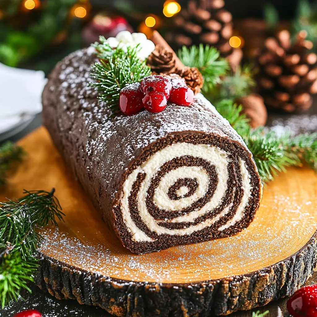 Elegant chocolate Yule log cake, ideal for holiday celebrations and gatherings.