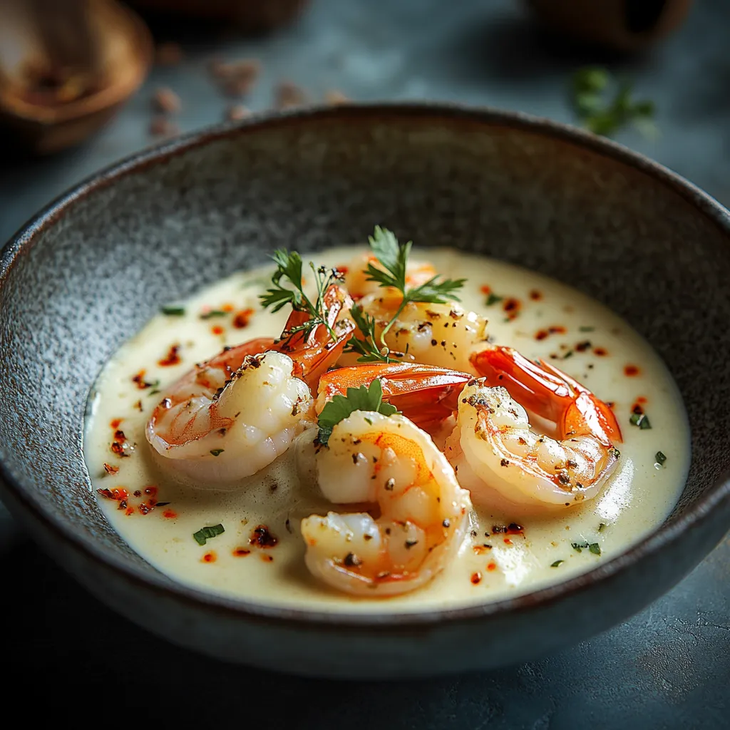 Tender garlic shrimp cooked in creamy coconut milk for a rich and flavorful dish.