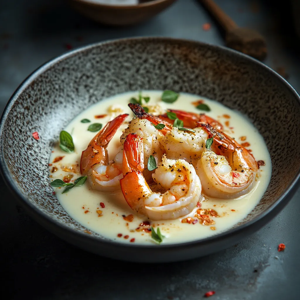 Juicy shrimp simmered in garlic and coconut milk for a creamy, savory meal.