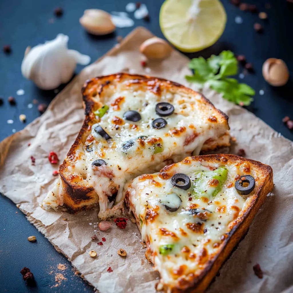 Delicious pizza-inspired toast with a molten, cheesy center and crisp edges.