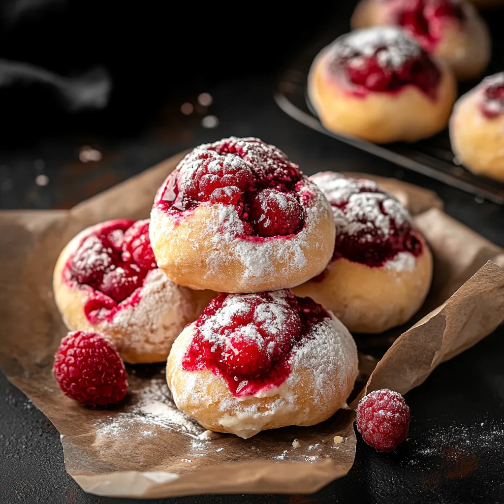 Fluffy bread bombs filled with raspberry cream cheese for a sweet and tangy snack or dessert.