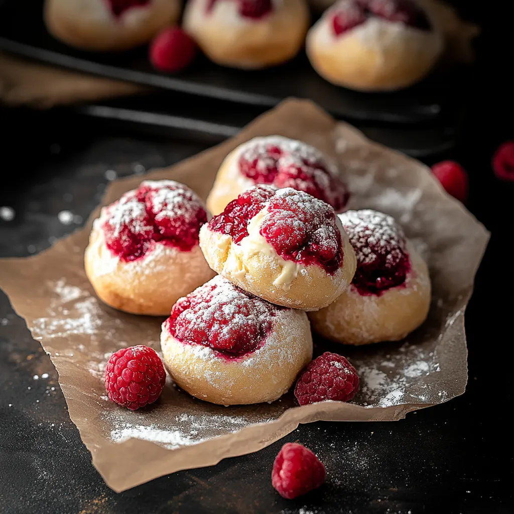 Raspberry cream cheese bread bombs with a golden crust and luscious, creamy center.