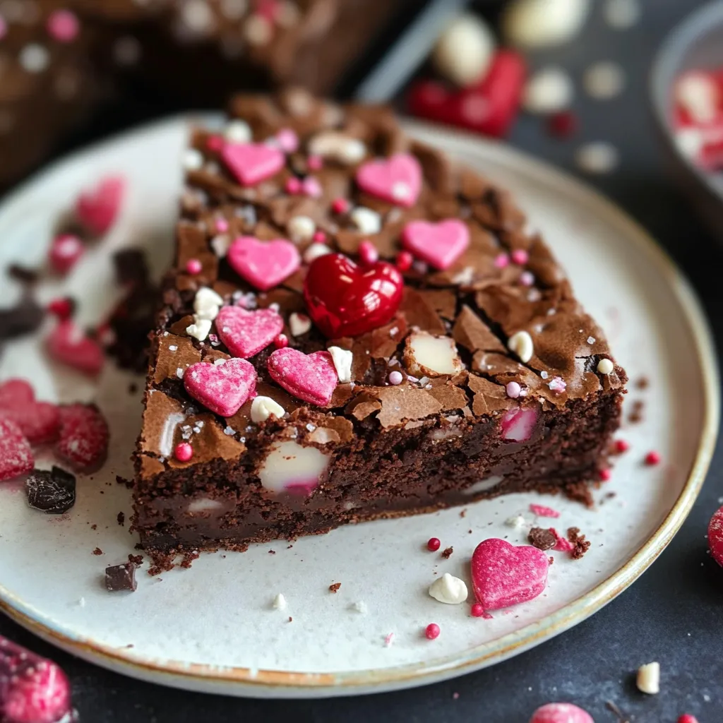 Decadent chocolate brownies decorated for Valentine's Day with sprinkles or heart designs.