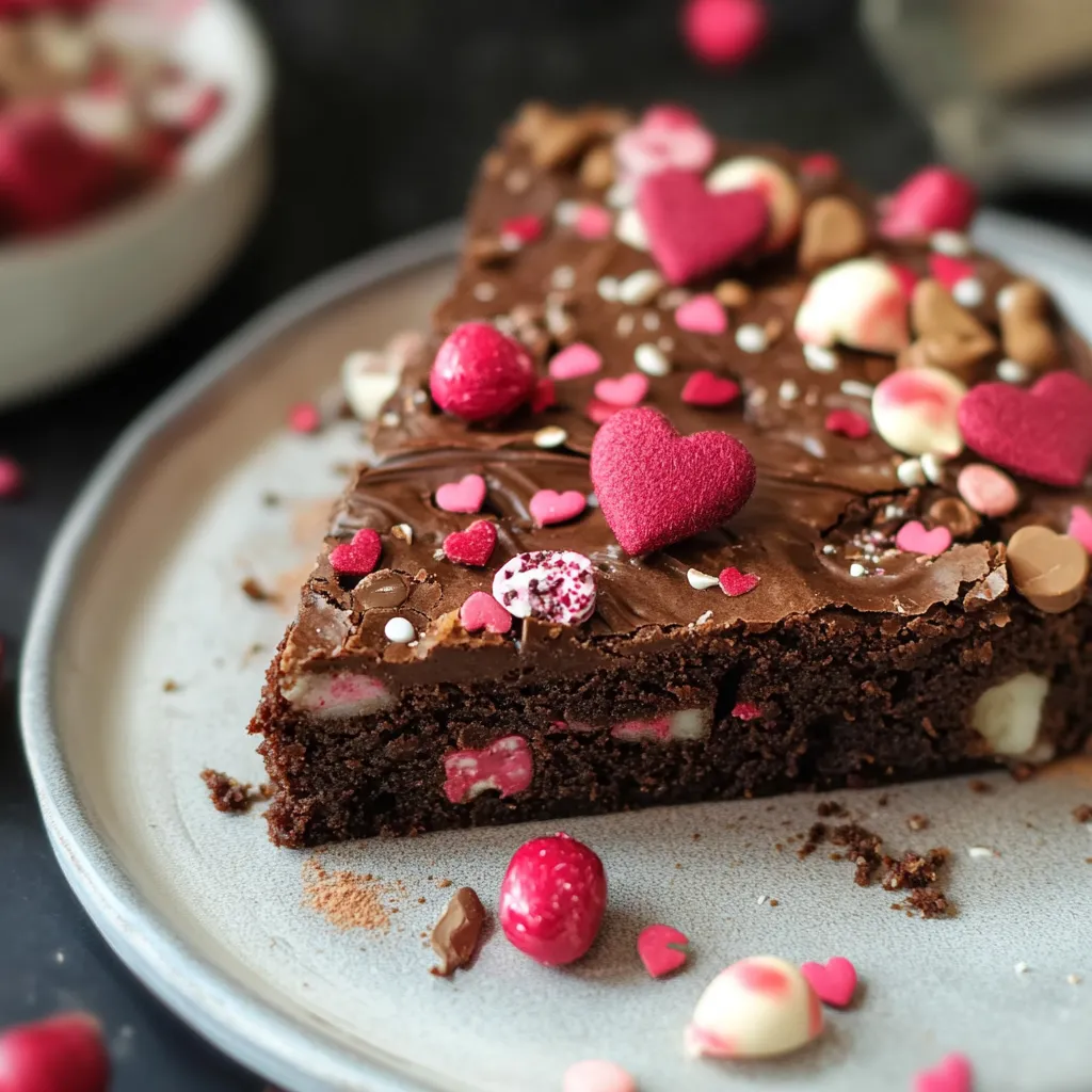 Valentine's brownies with a gooey chocolate center and festive toppings.