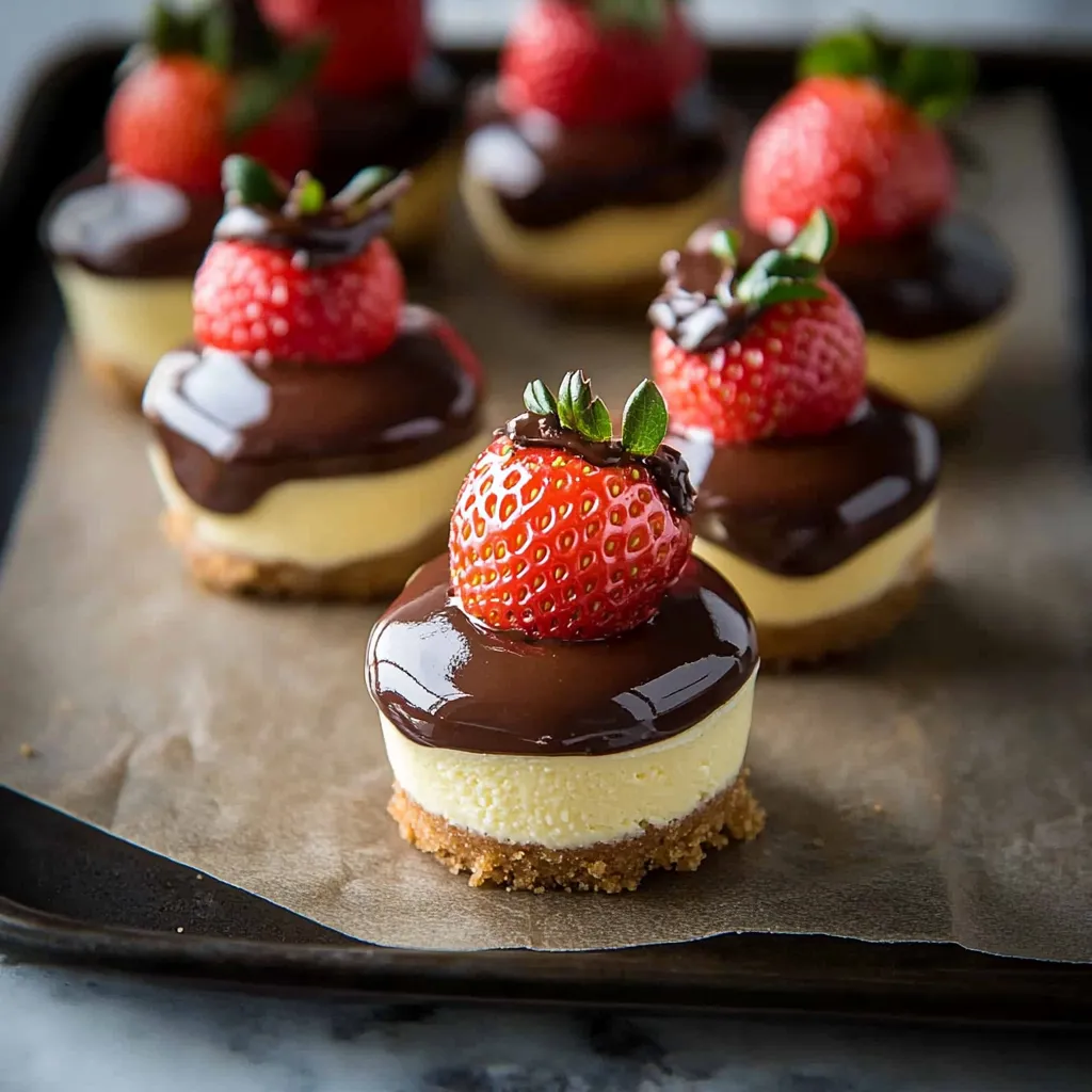 Creamy mini cheesecakes topped with chocolate-dipped strawberries for a romantic dessert.