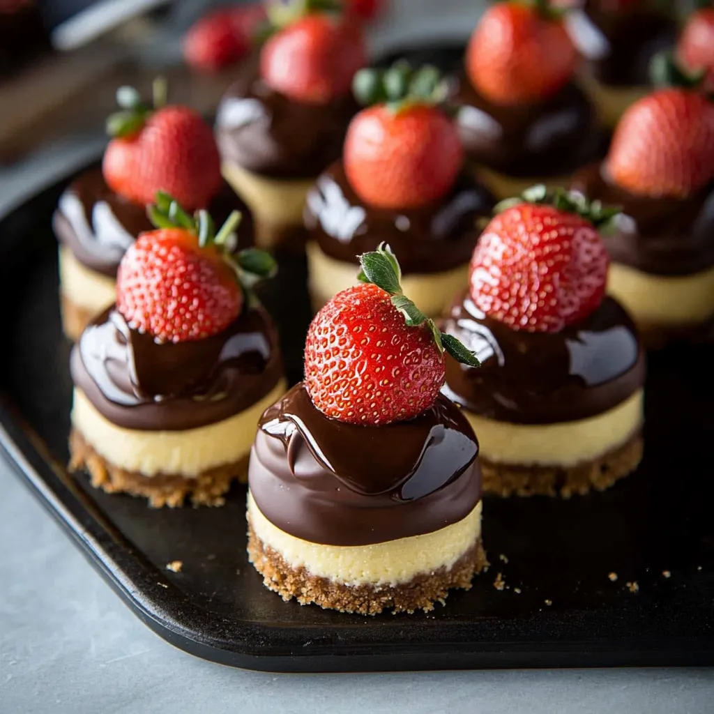 Decadent cheesecakes featuring a chocolate-dipped strawberry on top, perfect for Valentine’s Day.