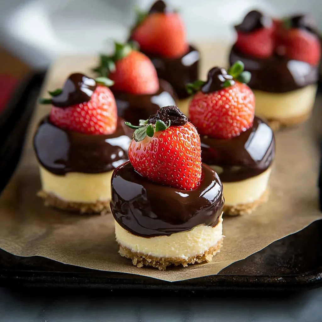 Strawberry cheesecakes with a rich chocolate-dipped topping, perfect for sharing.