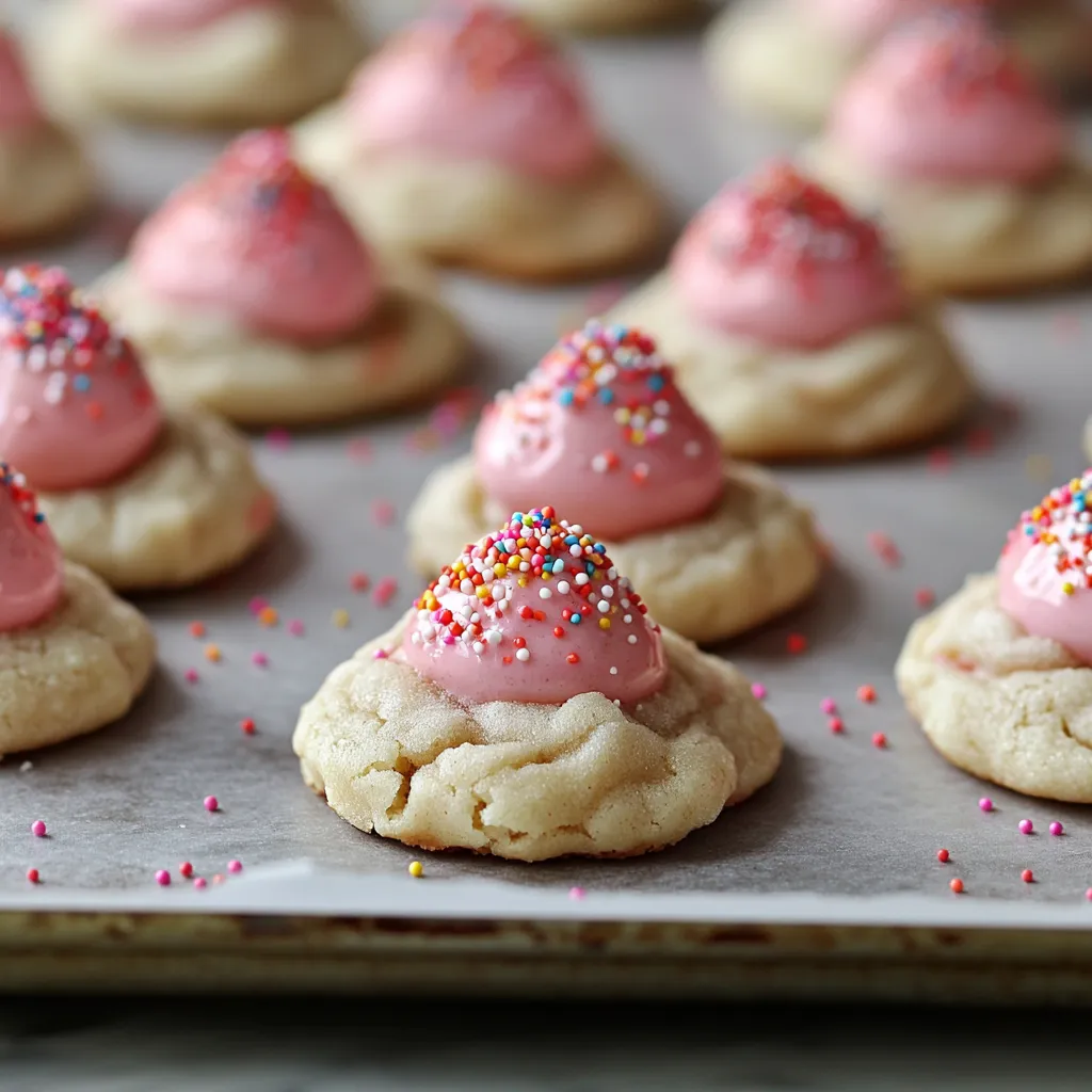 Sweet strawberry cookies topped with a chocolate kiss, perfect for Valentine's Day.