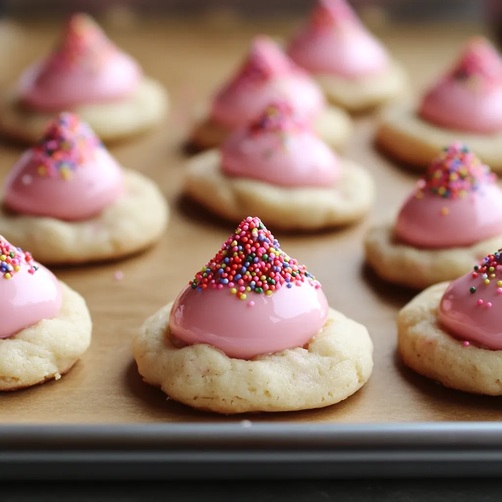 Soft strawberry kiss cookies with a bright pink color and a chocolate center.