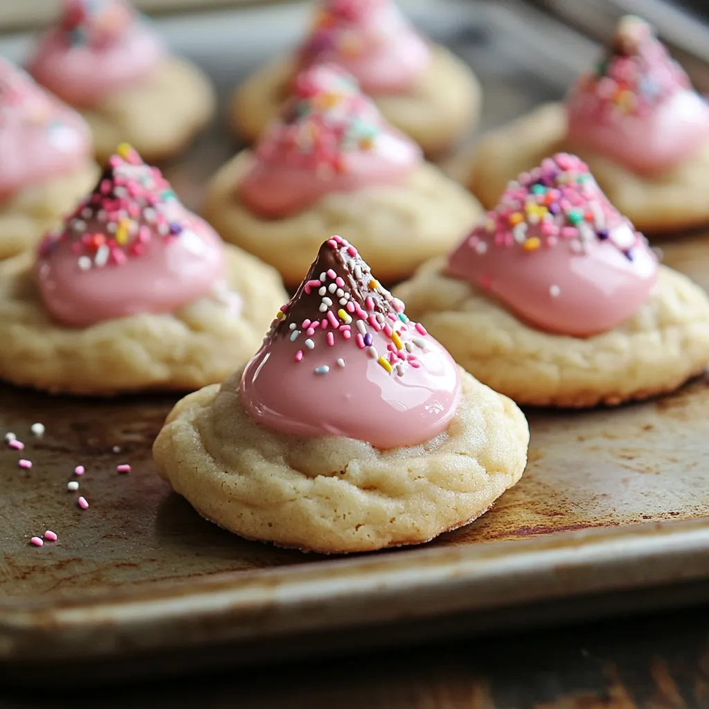 Delicious strawberry cookies topped with a classic chocolate kiss for a festive touch.