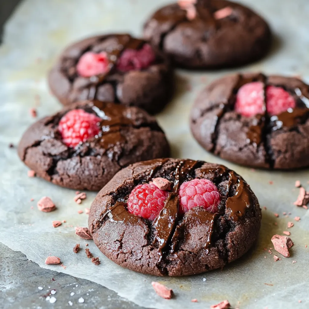 Fudgy double chocolate cookies with bursts of sweet raspberries for a decadent treat.