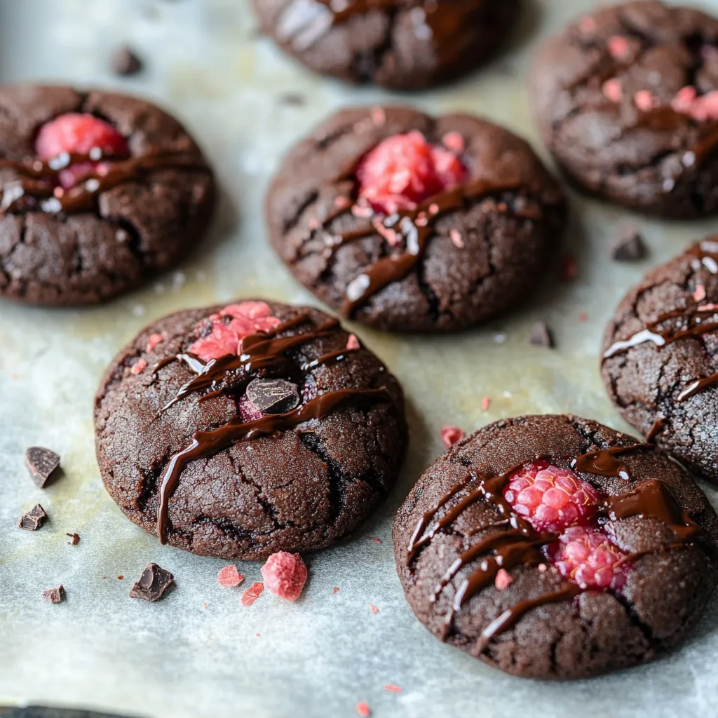 Double chocolate raspberry cookies with a soft, chewy texture and bold flavors.