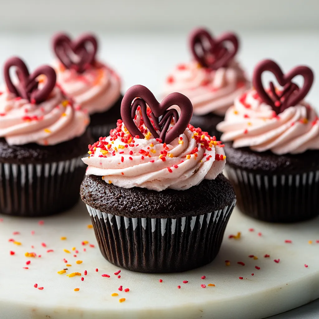 Festive Valentine's cupcakes with creamy frosting and colorful sprinkles or heart decorations.