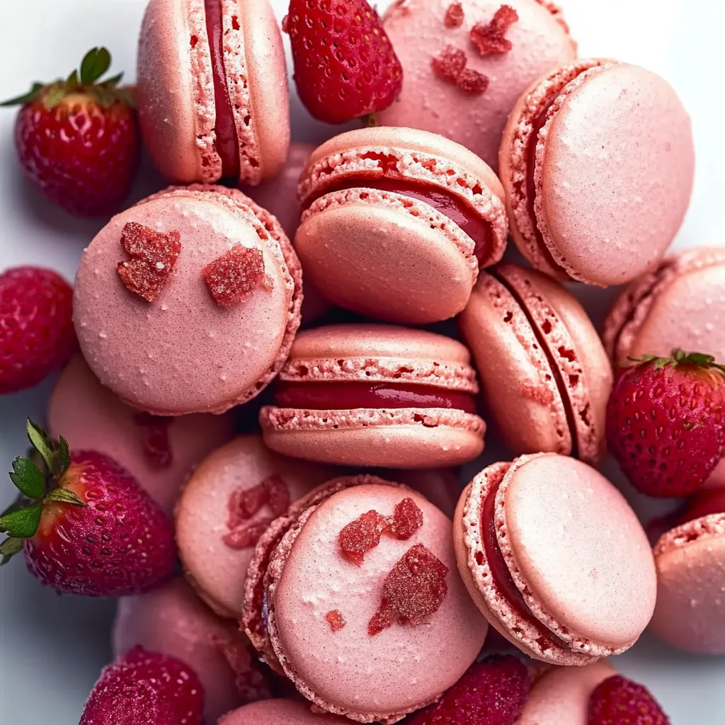 French macarons infused with strawberry flavor and filled with creamy sweetness.