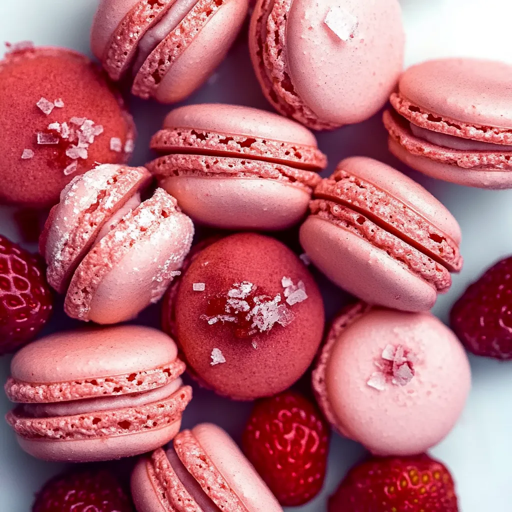 Elegant strawberry French macarons with a crisp shell and soft center.