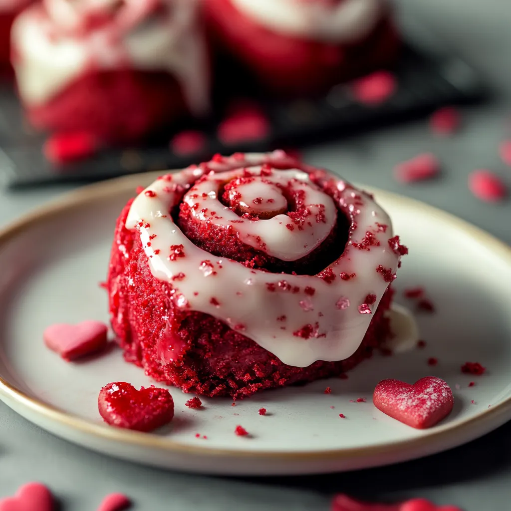 Soft red velvet cinnamon rolls with a sweet cream cheese glaze for a festive Valentine’s treat.