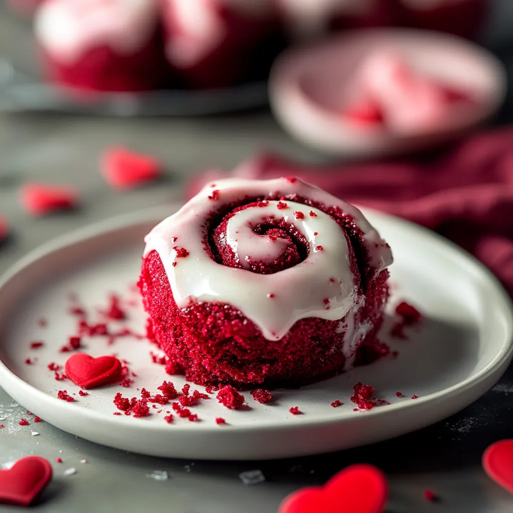 Valentine's cinnamon rolls with a red velvet twist and a rich, creamy frosting.