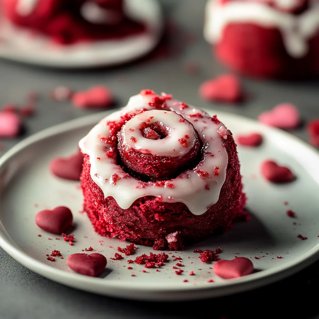 Fluffy red velvet cinnamon rolls, perfect for a romantic breakfast or dessert.