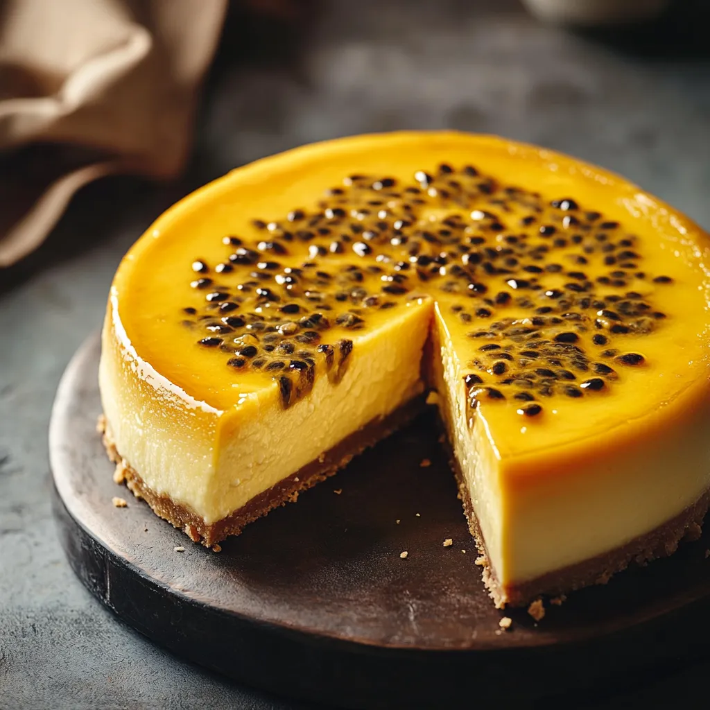 Creamy passionfruit cheesecake with a tangy topping and a buttery crust.