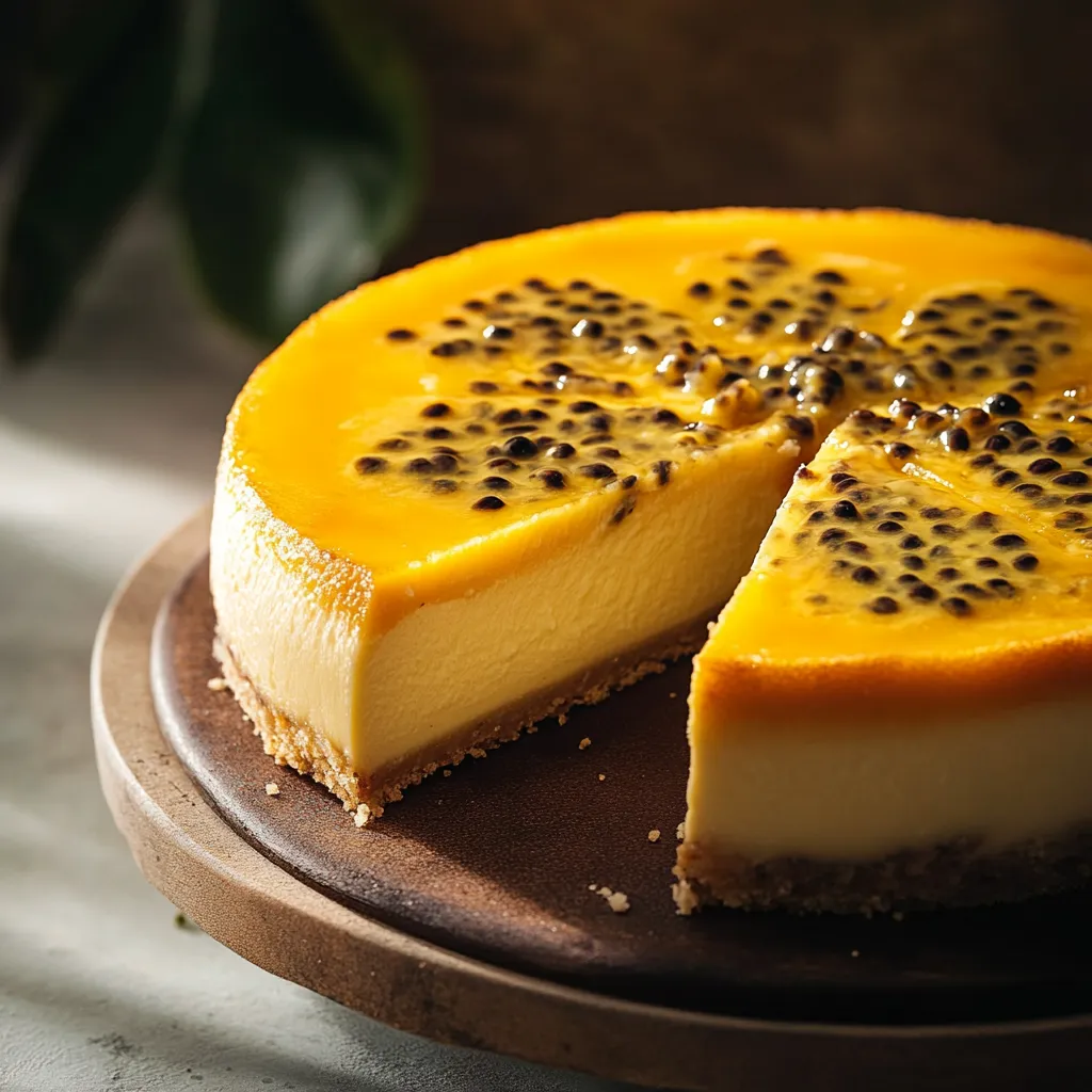 Passionfruit cheesecake with a vibrant tropical topping and smooth, rich filling.