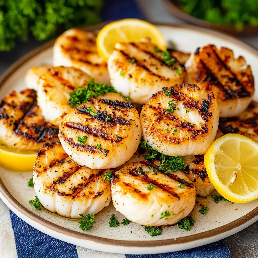 Juicy scallops grilled with a smoky char and a touch of seasoning for a delicious meal.