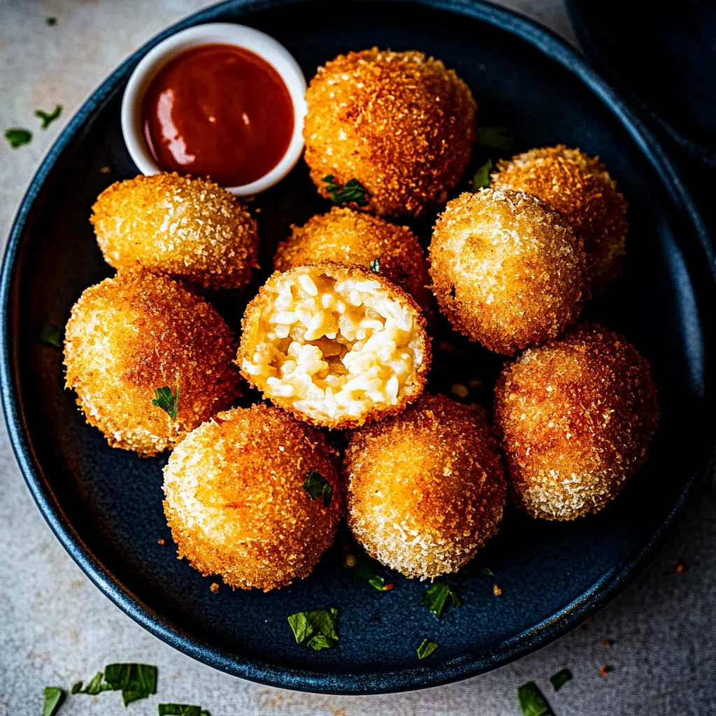 Italian fried risotto balls with a crispy coating and a rich, cheesy center.