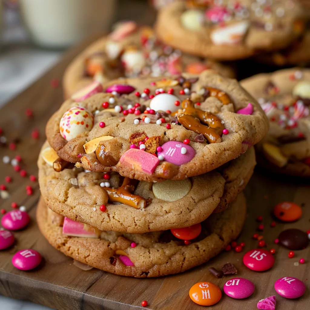 Loaded kitchen sink cookies with a Valentine’s twist, full of delicious mix-ins.