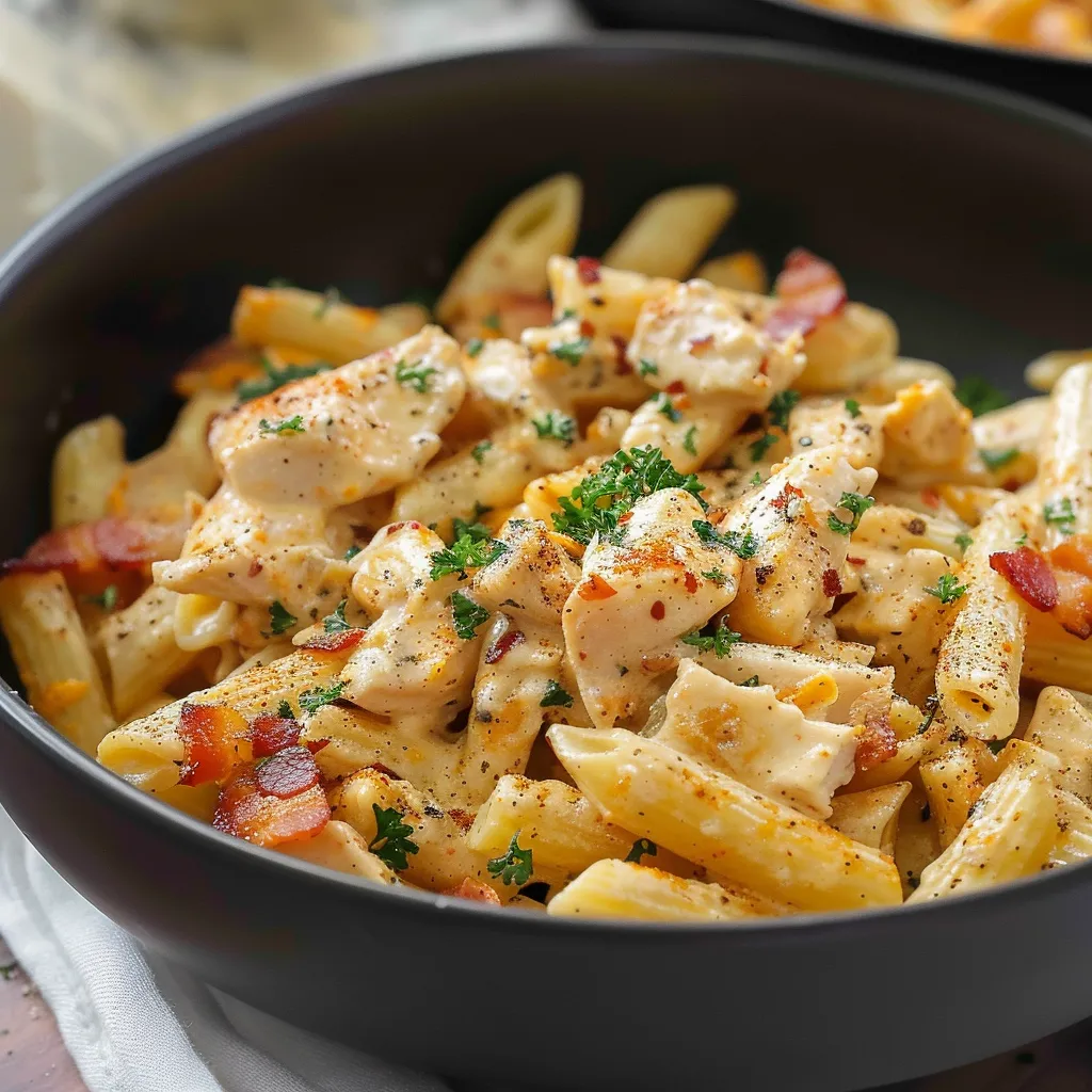 Creamy Crack Chicken Penne loaded with cheese, bacon, and tender chicken in a rich sauce.