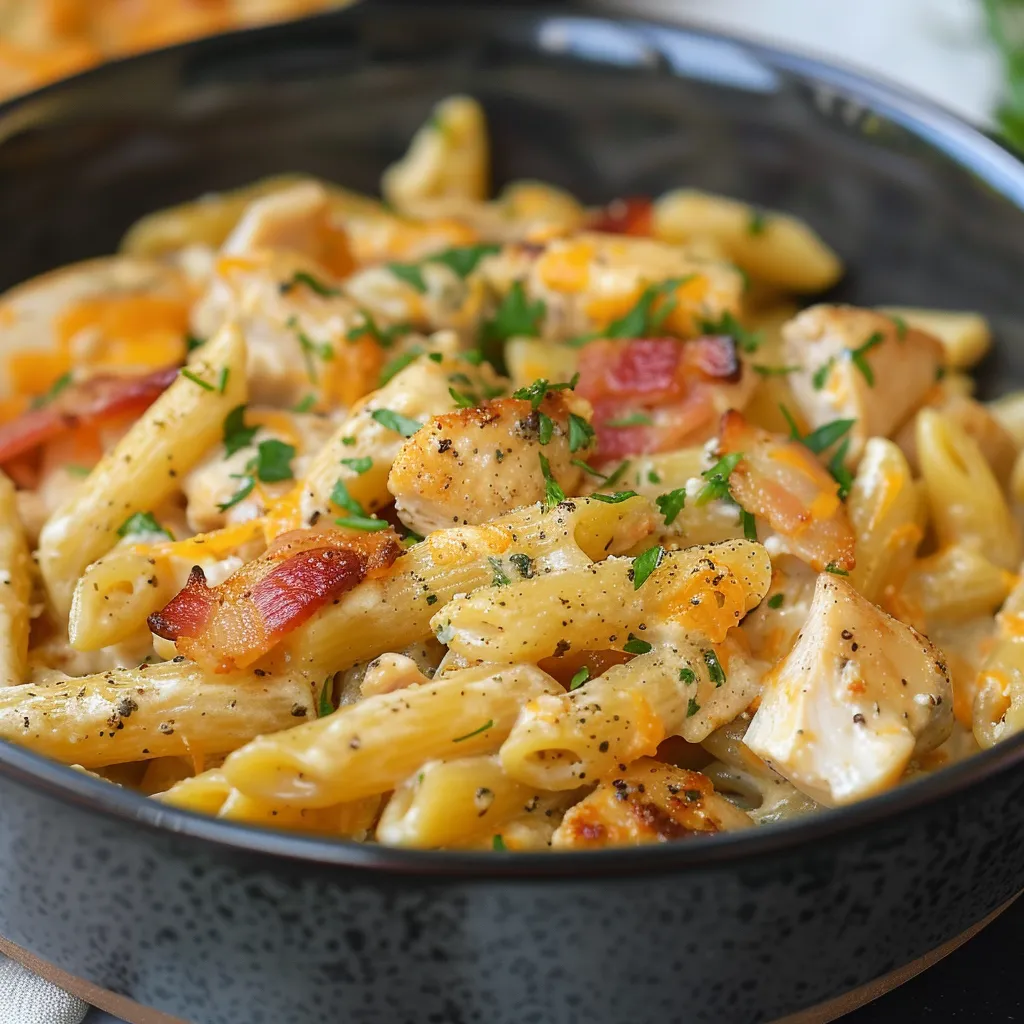 Easy Crack Chicken Penne recipe with creamy sauce, bacon bits, and penne pasta for a family dinner.