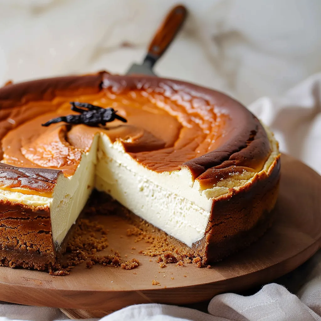 Elegant San Sebastian Cheesecake with a golden top and creamy, decadent interior.