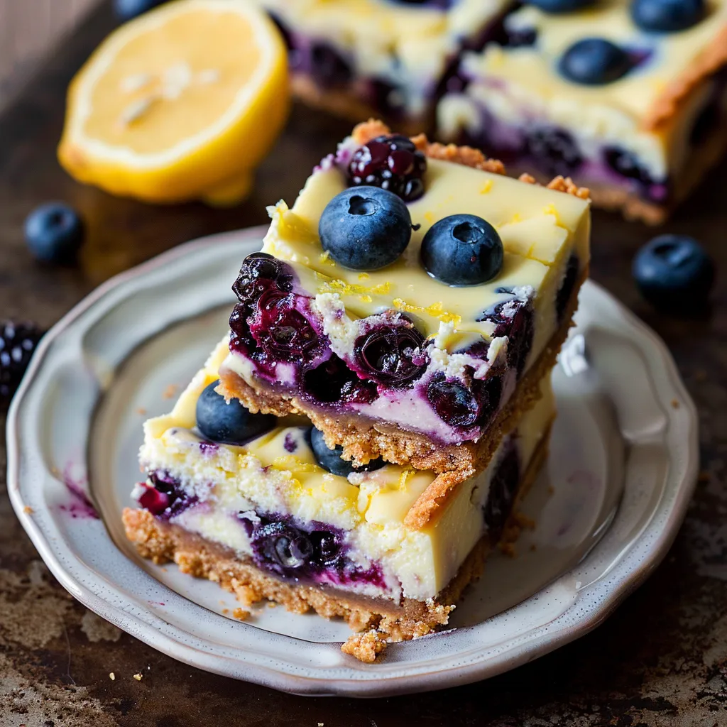 Refreshing Lemon Blueberry Cheesecake Bars with a buttery crust and a tangy-sweet cheesecake layer.