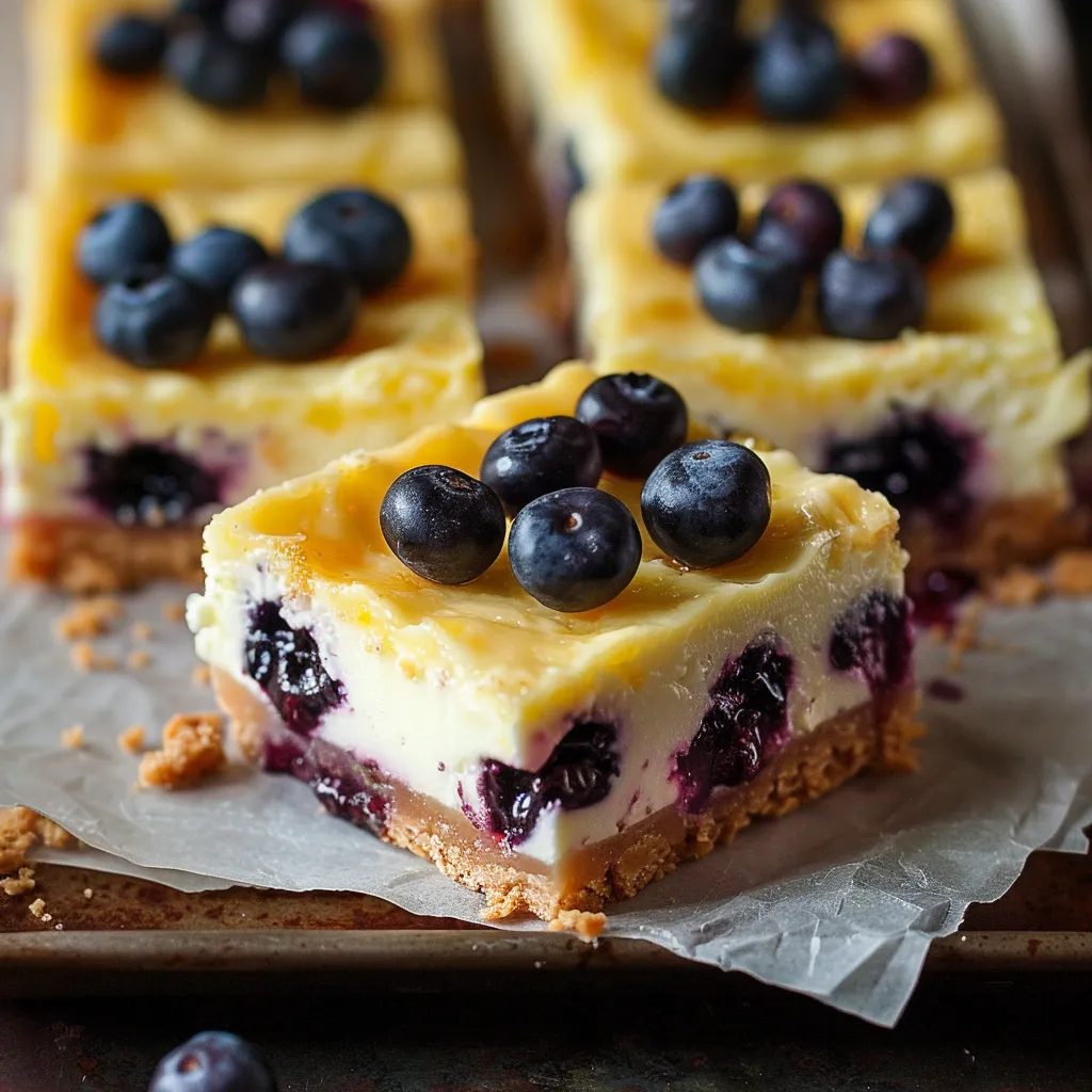 Zesty Lemon Blueberry Cheesecake Bars with fresh blueberries and a smooth, creamy cheesecake base.