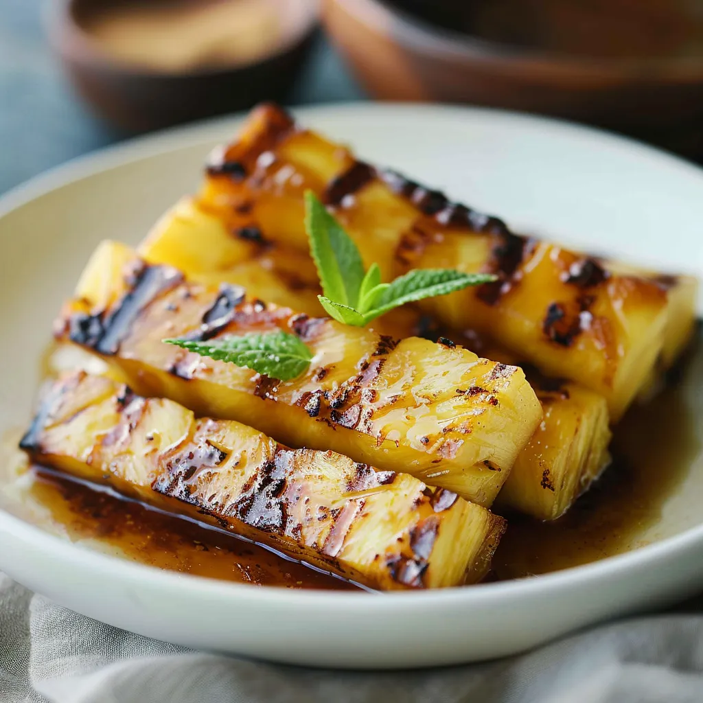 Juicy grilled pineapple slices caramelized with a brown sugar and cinnamon glaze.