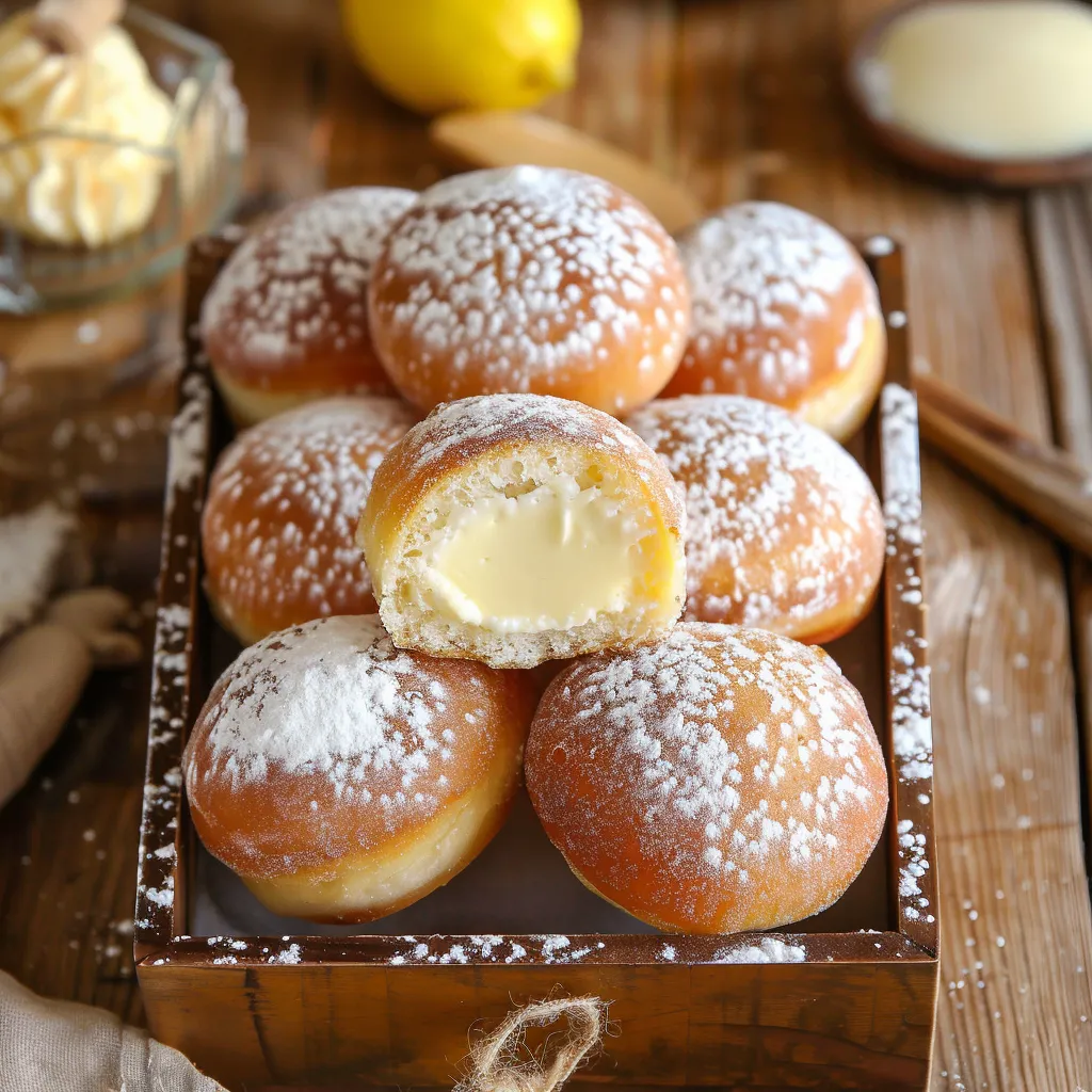 Delicious bomboloni doughnuts with a golden exterior and creamy, indulgent filling.