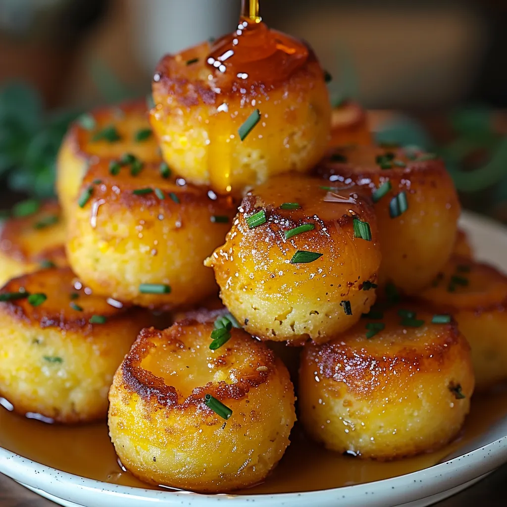 Bite-sized cornbread poppers with a golden crust and a sweet honey butter drizzle.