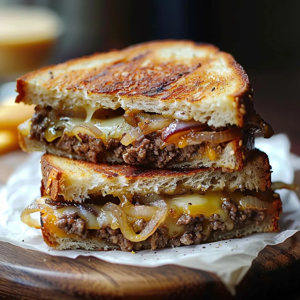 Golden-grilled patty melt with a beefy, cheesy center and rich caramelized onions.