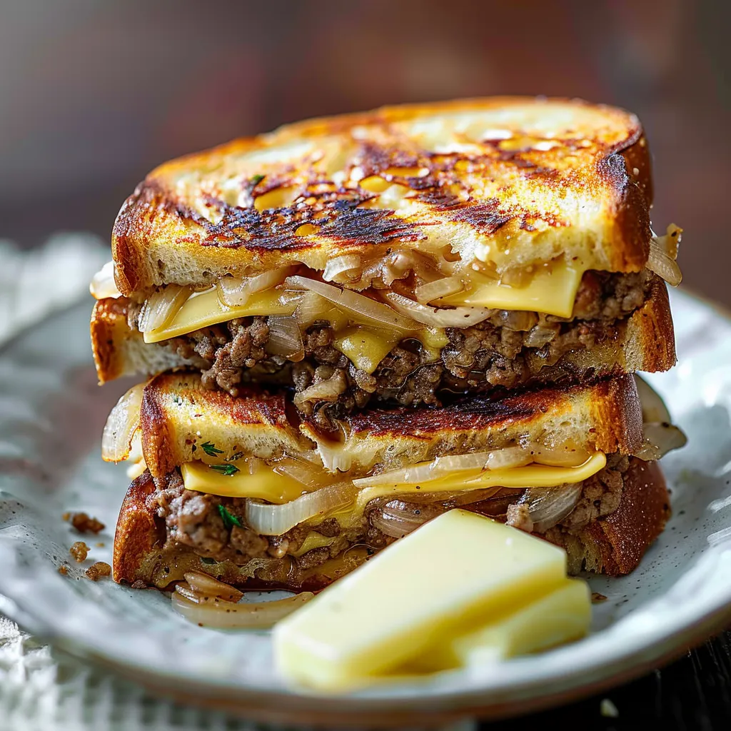 Classic patty melt featuring a crispy crust, gooey cheese, and a perfectly seasoned beef patty.