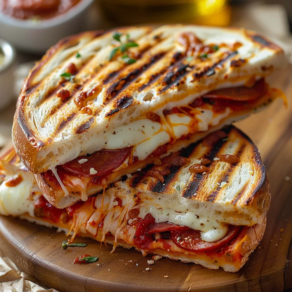 Crispy pizza panini loaded with melty cheese, savory sauce, and classic toppings.