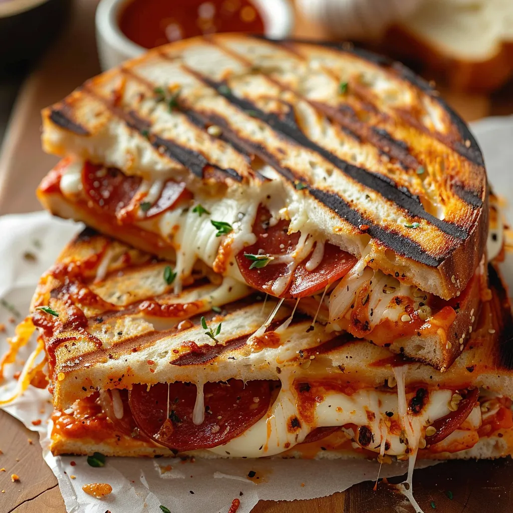 Golden-grilled pizza panini with gooey mozzarella, pepperoni, and zesty marinara.