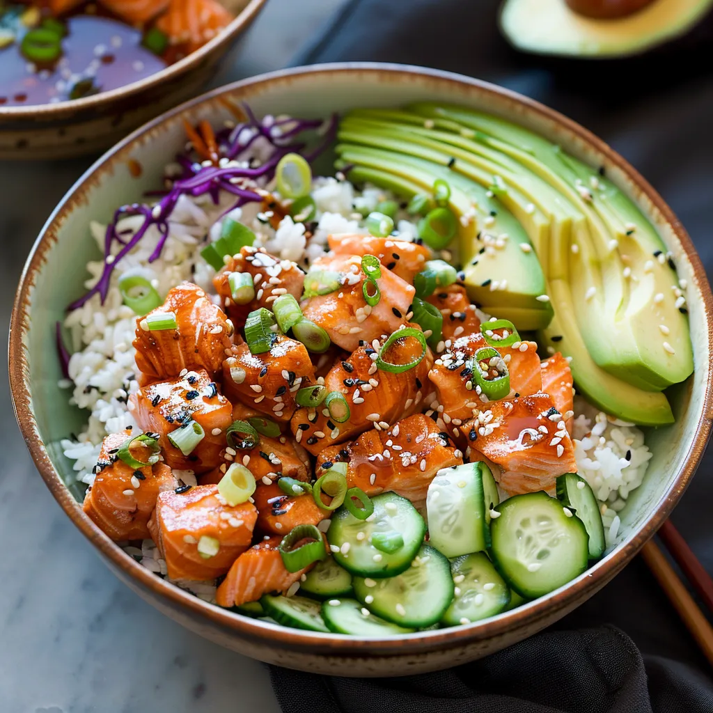 Flavorful salmon rice bowl with tender salmon, fresh veggies, and a savory sauce.