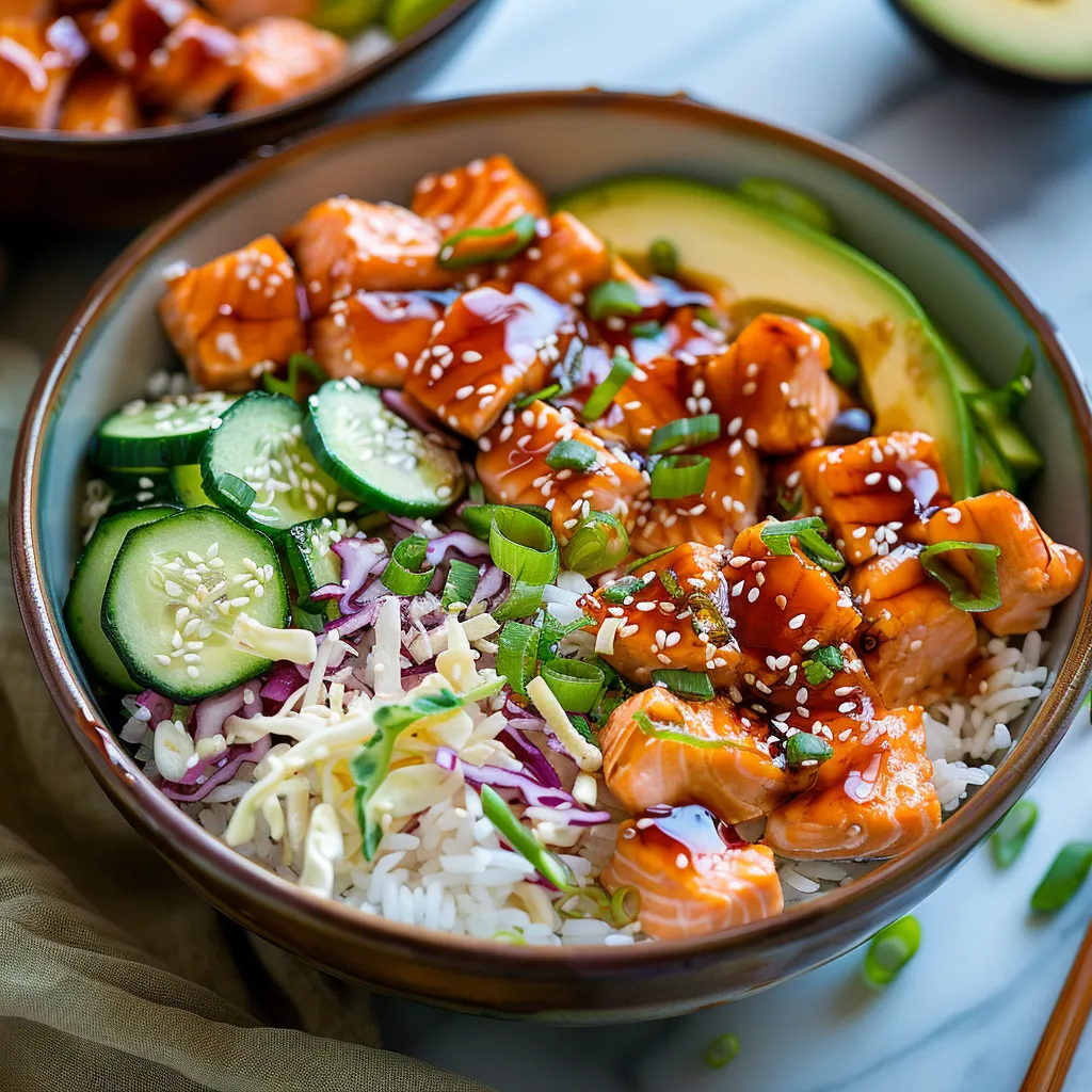 Healthy salmon rice bowl topped with avocado, sesame seeds, and a tasty glaze.