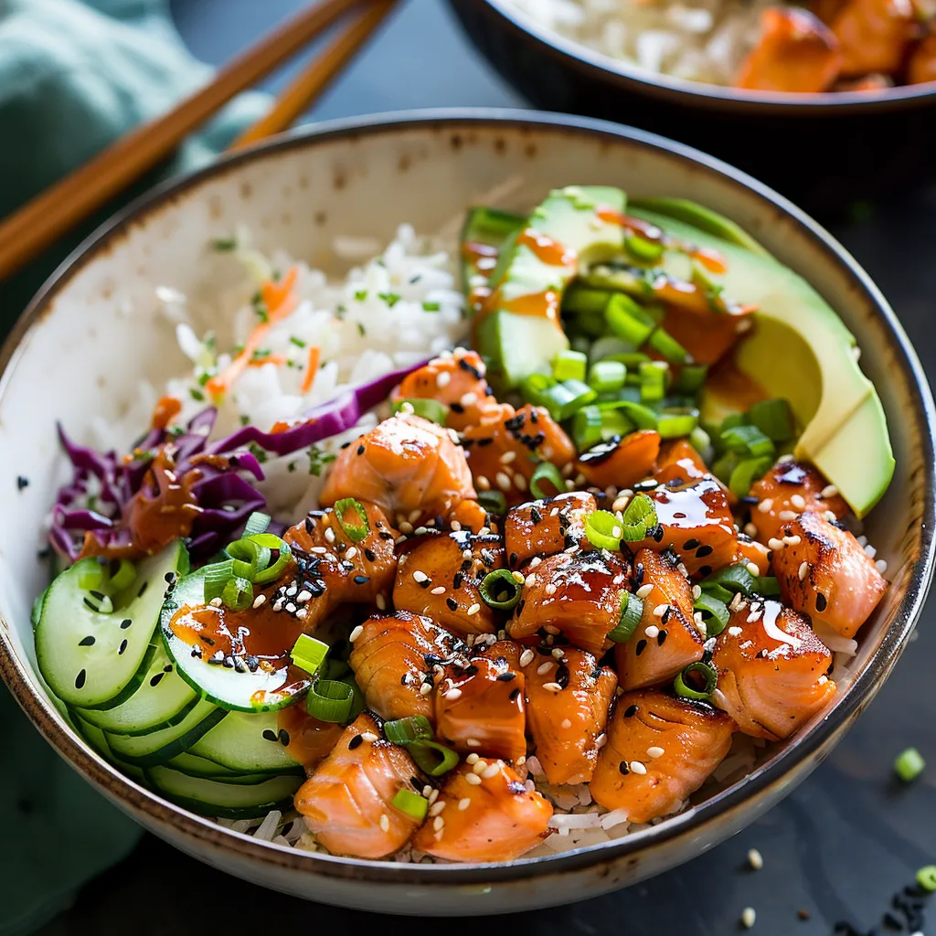 Delicious salmon rice bowl with perfectly cooked salmon and fluffy rice.