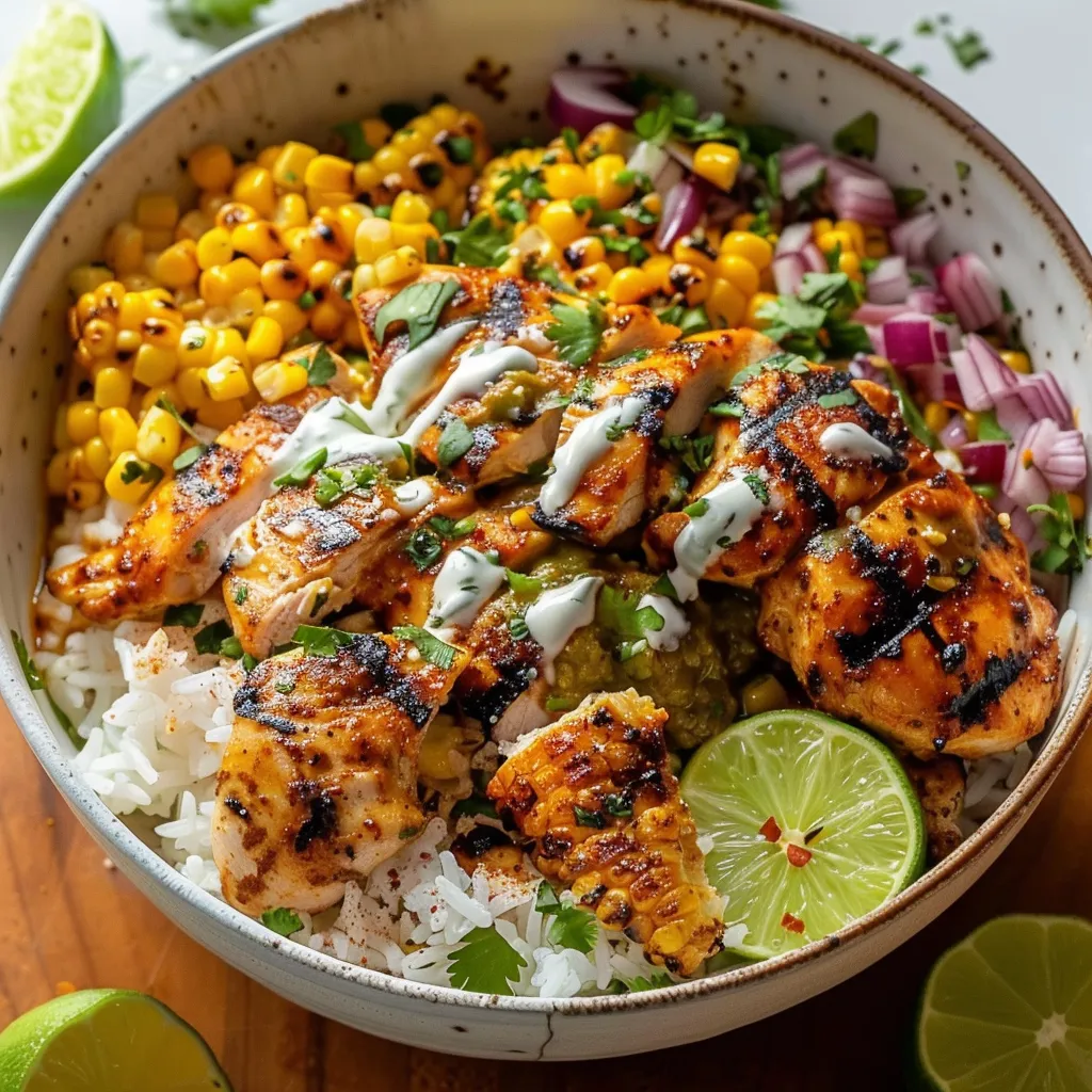 Mexican-inspired chicken rice bowl with charred street corn, spices, and a creamy drizzle.