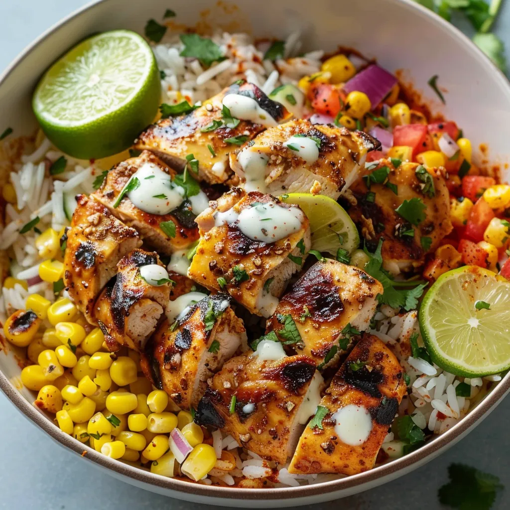 Hearty street corn chicken rice bowl with tender chicken, seasoned rice, and tangy lime.