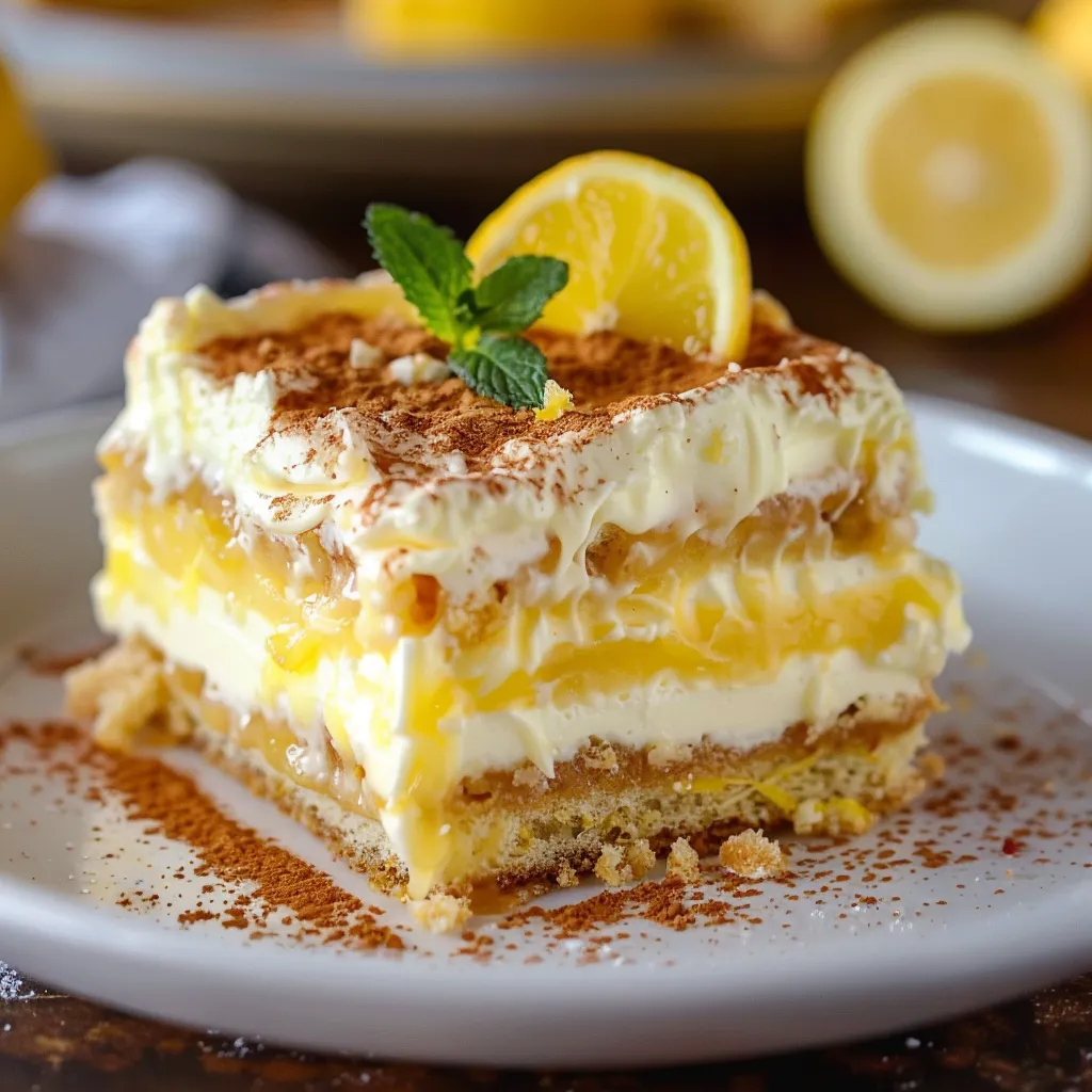 Italian limoncello tiramisu with zesty lemon flavor and a light, creamy texture.