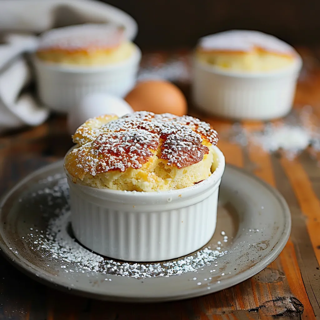 Elegant vanilla soufflé dusted with powdered sugar for a perfectly sweet finish.