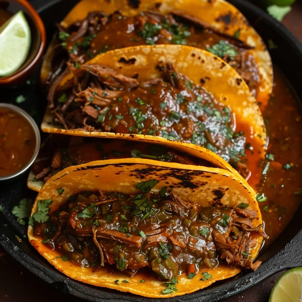 Juicy beef birria tacos with crispy tortillas and rich, flavorful consommé.